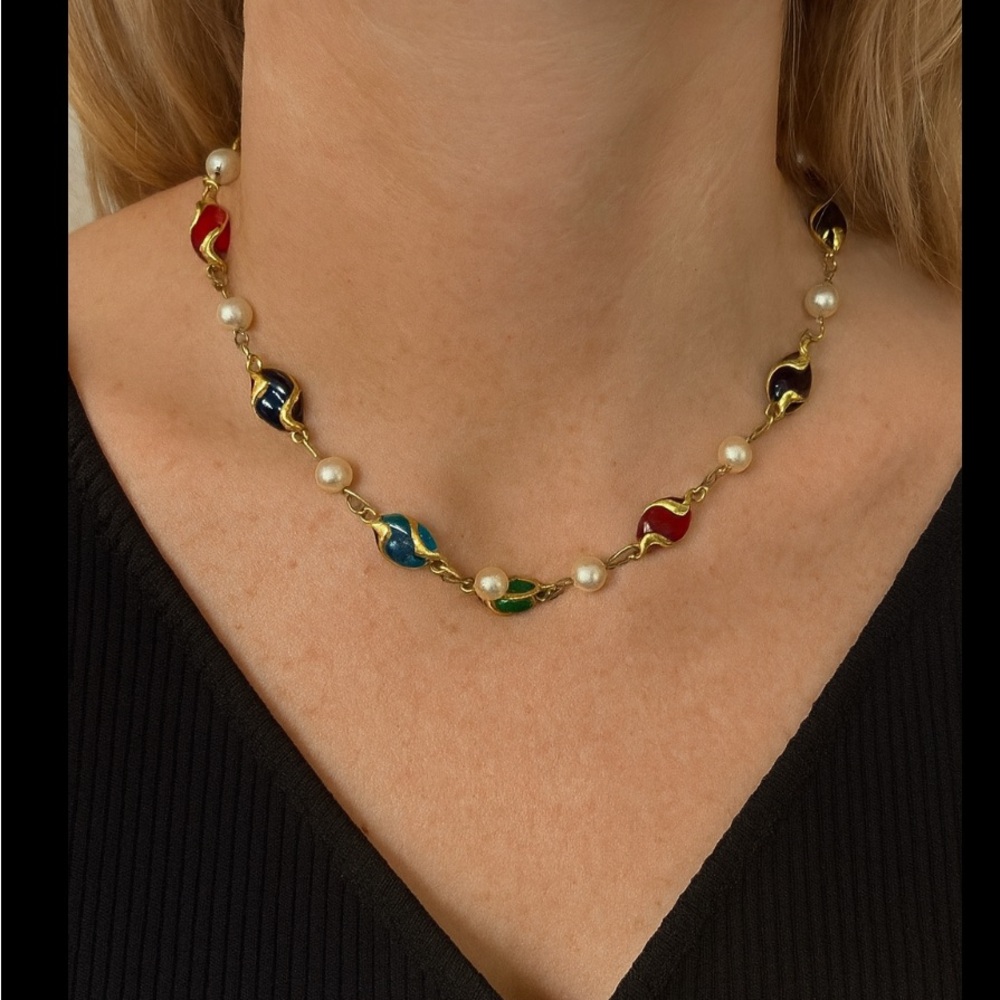 Vintage Gold Caged Multi Colored Bead Pearl Choker Collar Necklace 18”